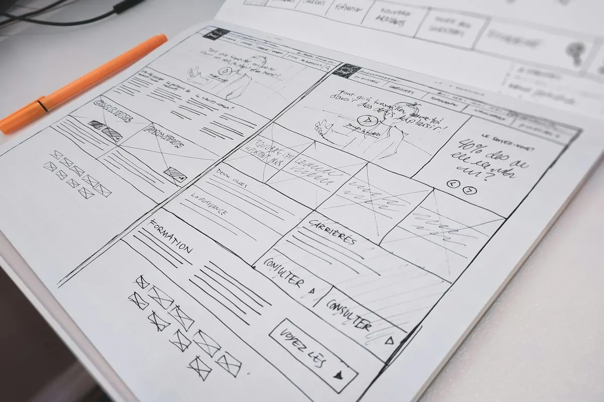 Schets van een website op papier
